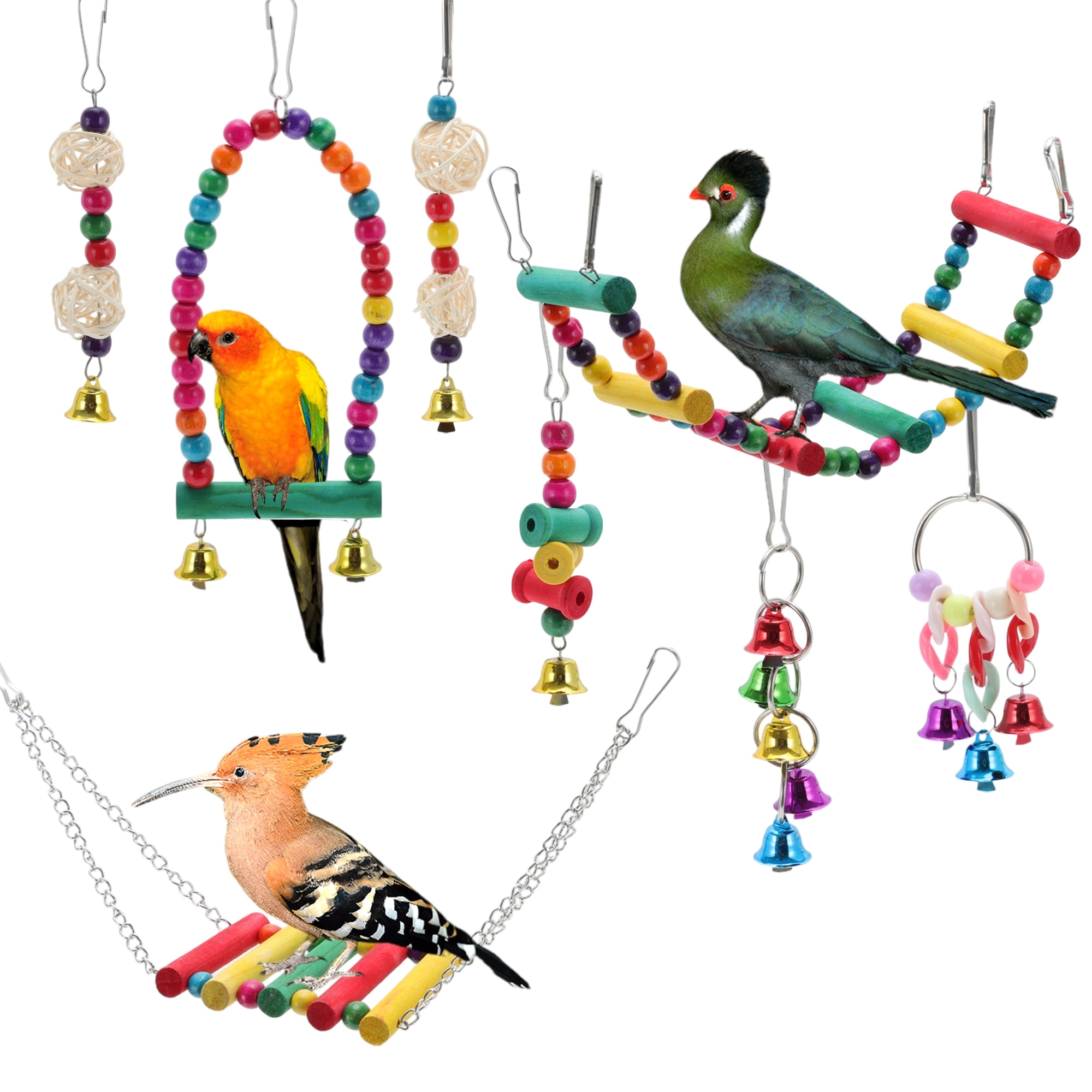 Unique Bargains Cockatiel Toys, Bird Parrot Swing, Chewing Toy Set Pet Birds Toys for Parakeet Conures Finches 15 Pcs Multifunctional Hanging Bell Climbing Ladders