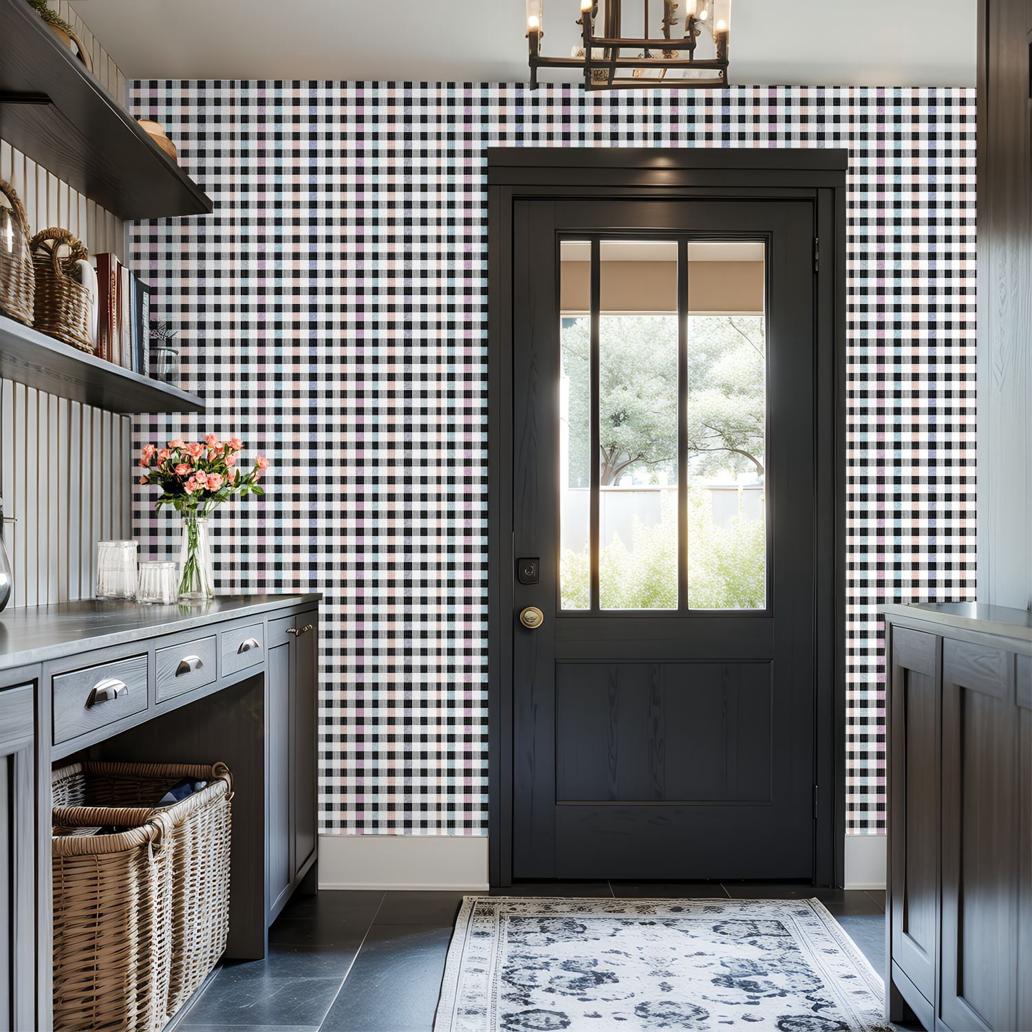 Peel and Stick Wallpaper Plain Black White Grey Gingham Tartan Plaid Wall Mural 17.7in x 9.8ft Self Adhesive Removable Wall Paper Renter Friendly Wallpaper for Bedroom Bathroom