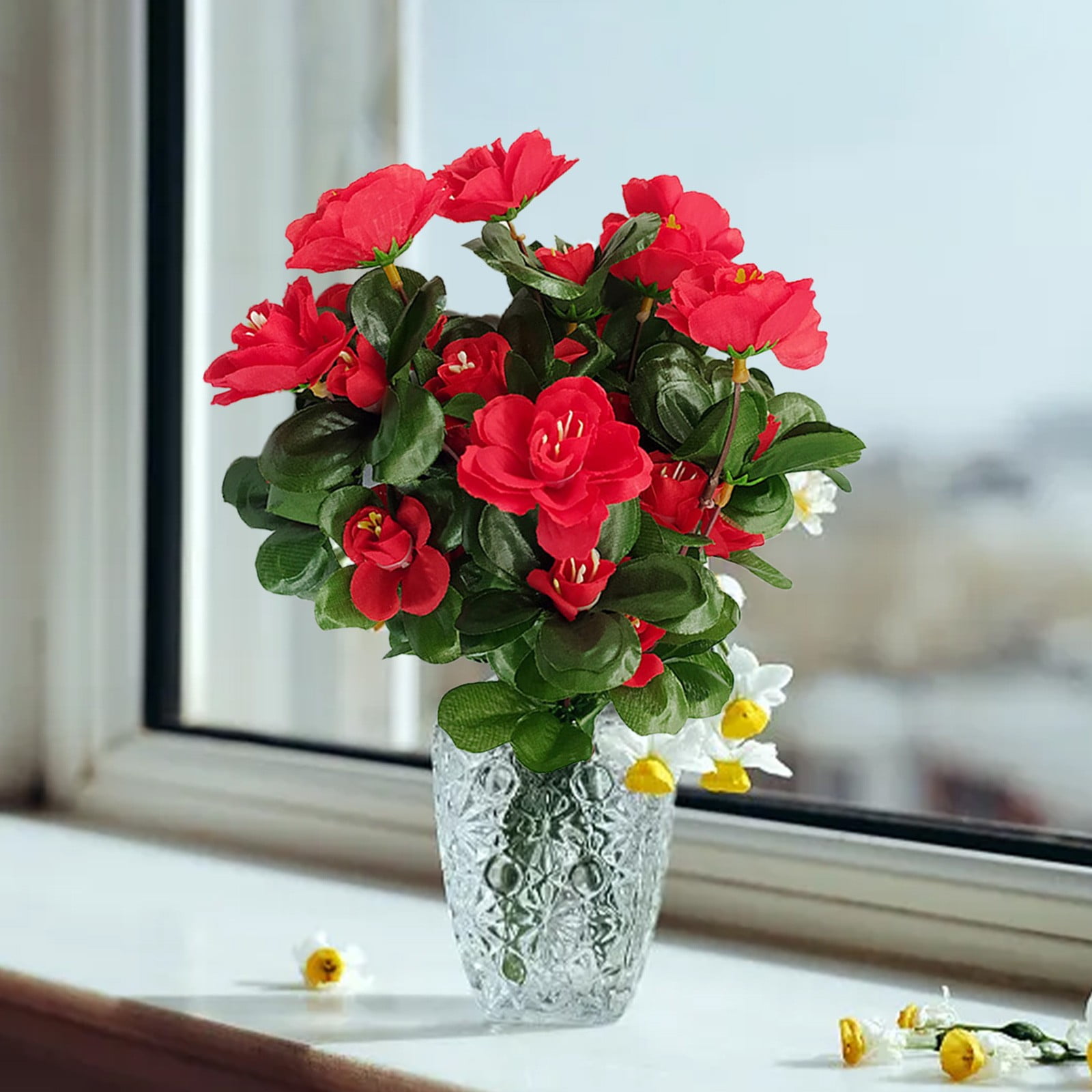 TOPRenddon Outdoor Indoor Silk Flower Artificial Red Faux Flowers Outdoor UV Resistant Garden Plants Faux Plants for Indoor Home Kitchen Table Centerpieces Decor