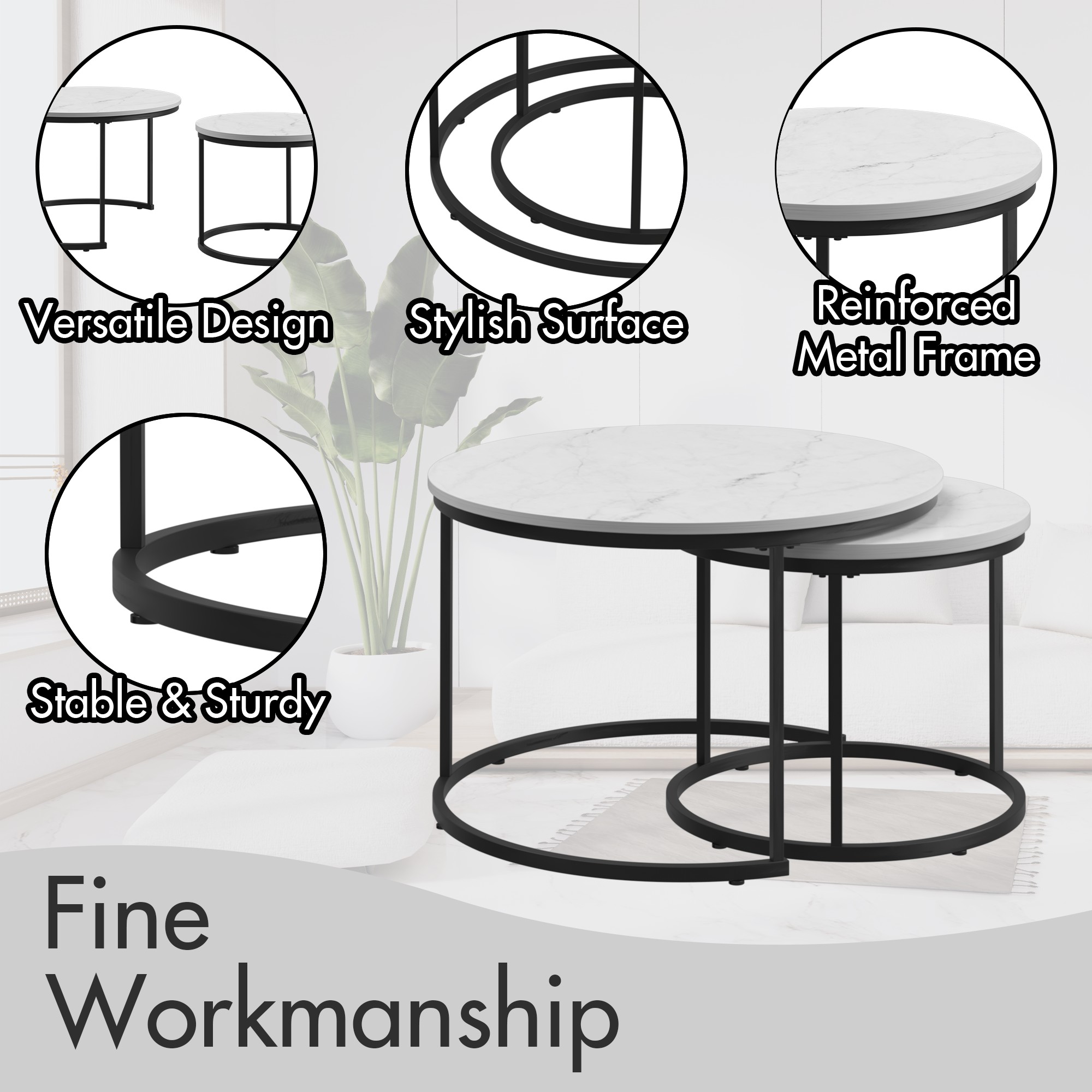 Coffee Table Set of 2,27.6 inch Round Coffee Table with Sturdy Metal Frame,End Table Side Tables for Living Room Bedroom,White