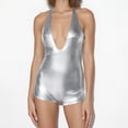 thumbnail image 2 of DHFJKG Rompers For Women PU Leather Deep V Neck Halter Stretchy Shiny Sexy Tight Onesie Sleeveless Low Cut Nightclub Wear Stylish One-Pieces, 2 of 5