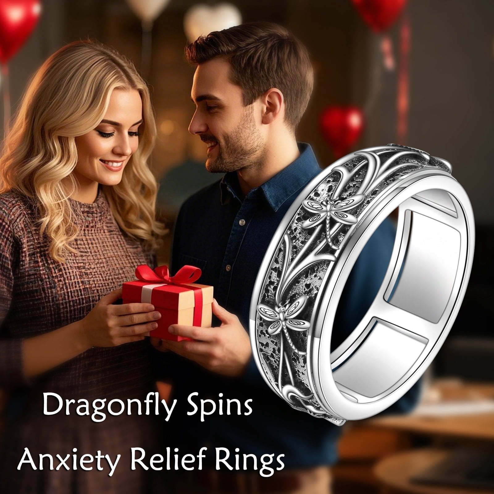 YAFEINI Fidget Spinner Ring Sterling Silver Anti Anxiety Rings Funny Relax Jewelry Gift for Women Men (Dragonfly, 9)