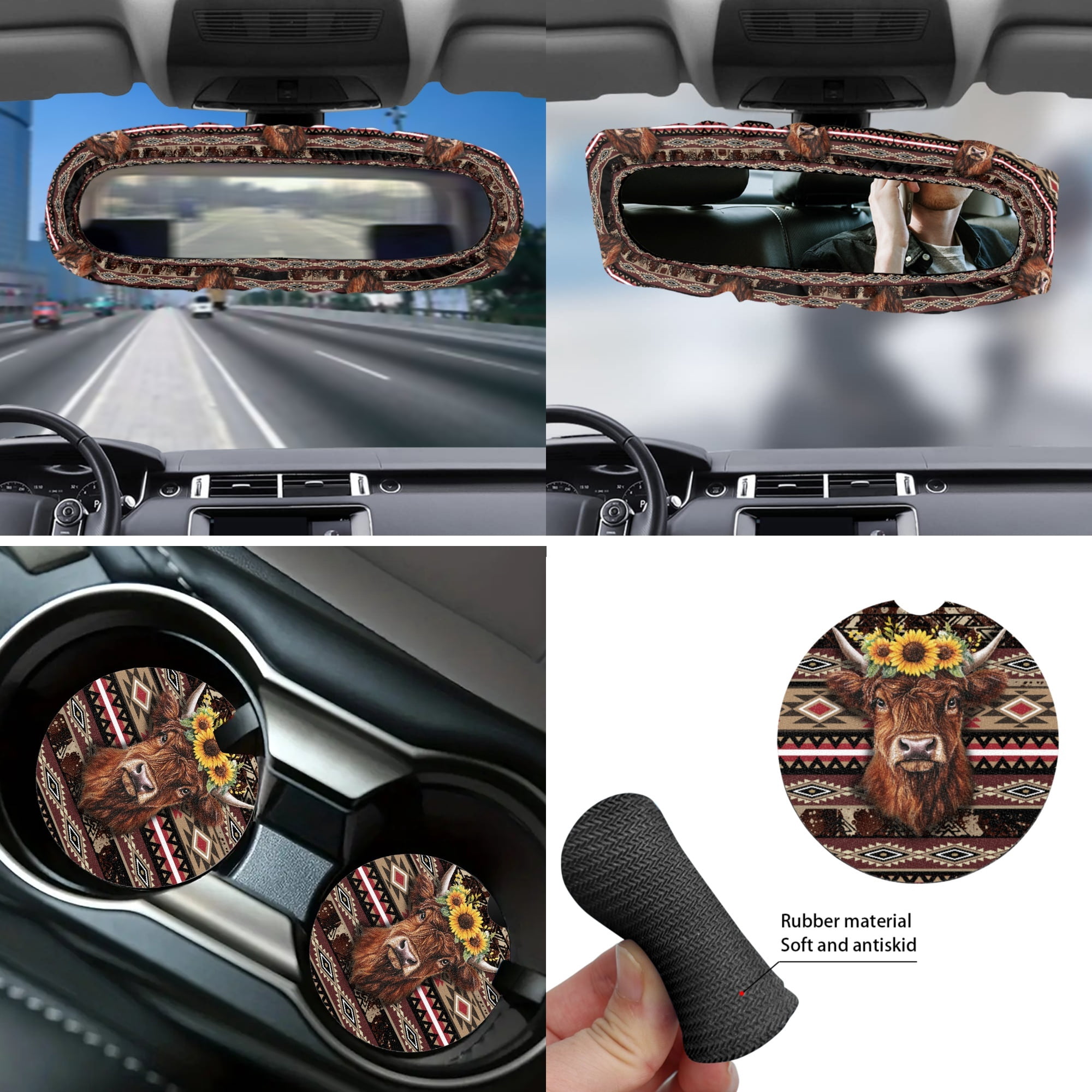 Jeiento Highland Cow Auto Accessories Set 14 Pcs Car Seat Cover Protector Steering Wheel Cover Seat Belt Covers Armrest Cushion Aztec Trash Can Rearview Mirror Protector Handbrake Cover Set Coasters