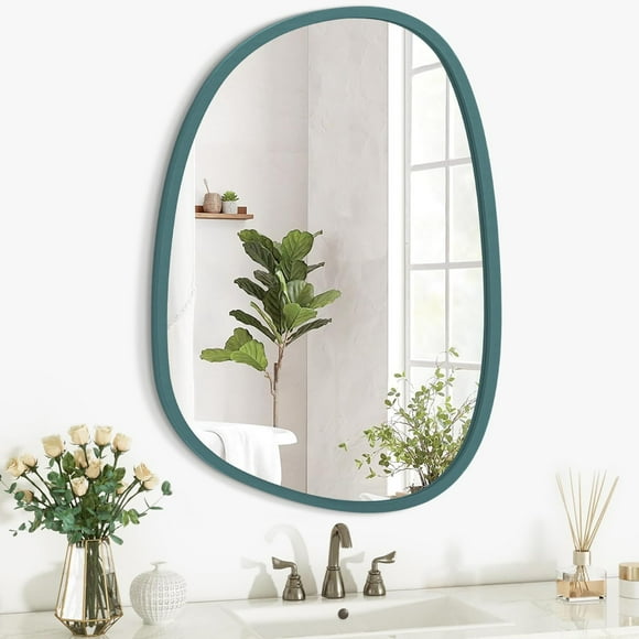 shiyou-Small Blue Wall Mirror Asymmetrical Irregular Wood Frame Mirror Unique Modern Wall-Mounted Artistic Oval Shape Mirror Decor for Bedroom Living Room Bathroom Entryway Hallway Vanity