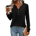 thumbnail image 2 of safuny Womens Long Sleeve Tops Fall Fashion Solid Color Shirts Casual Pleated Tunic V-neck Button Down Blouses Black _r S, 2 of 7