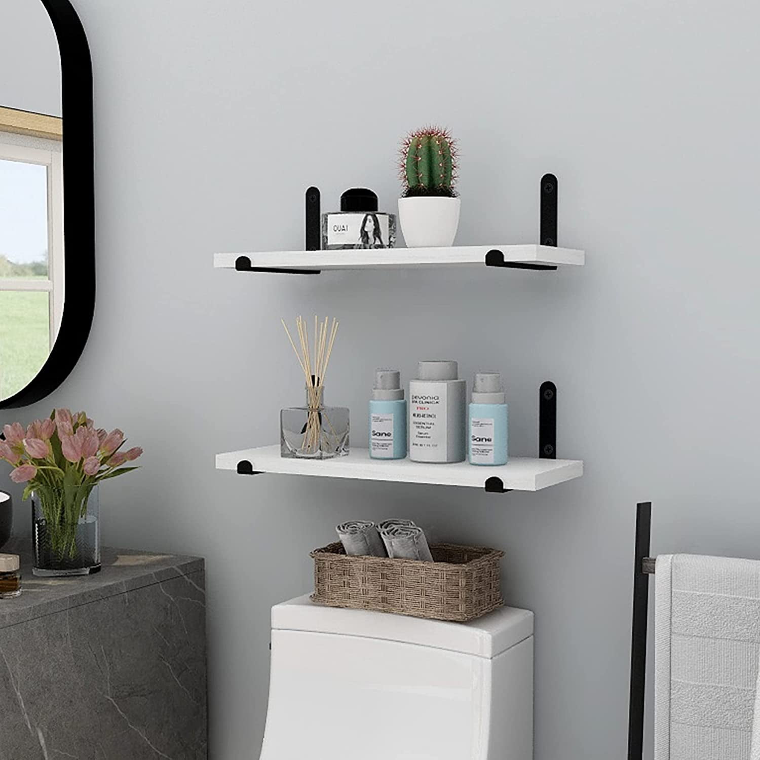Afuly White Floating Shelves for Wall Hanging Shelves over Toilet Set of 2, 16in Wooden Decorative Shelves Wall Mounted with Black Brackets for Bathroom Bedroom Living Room