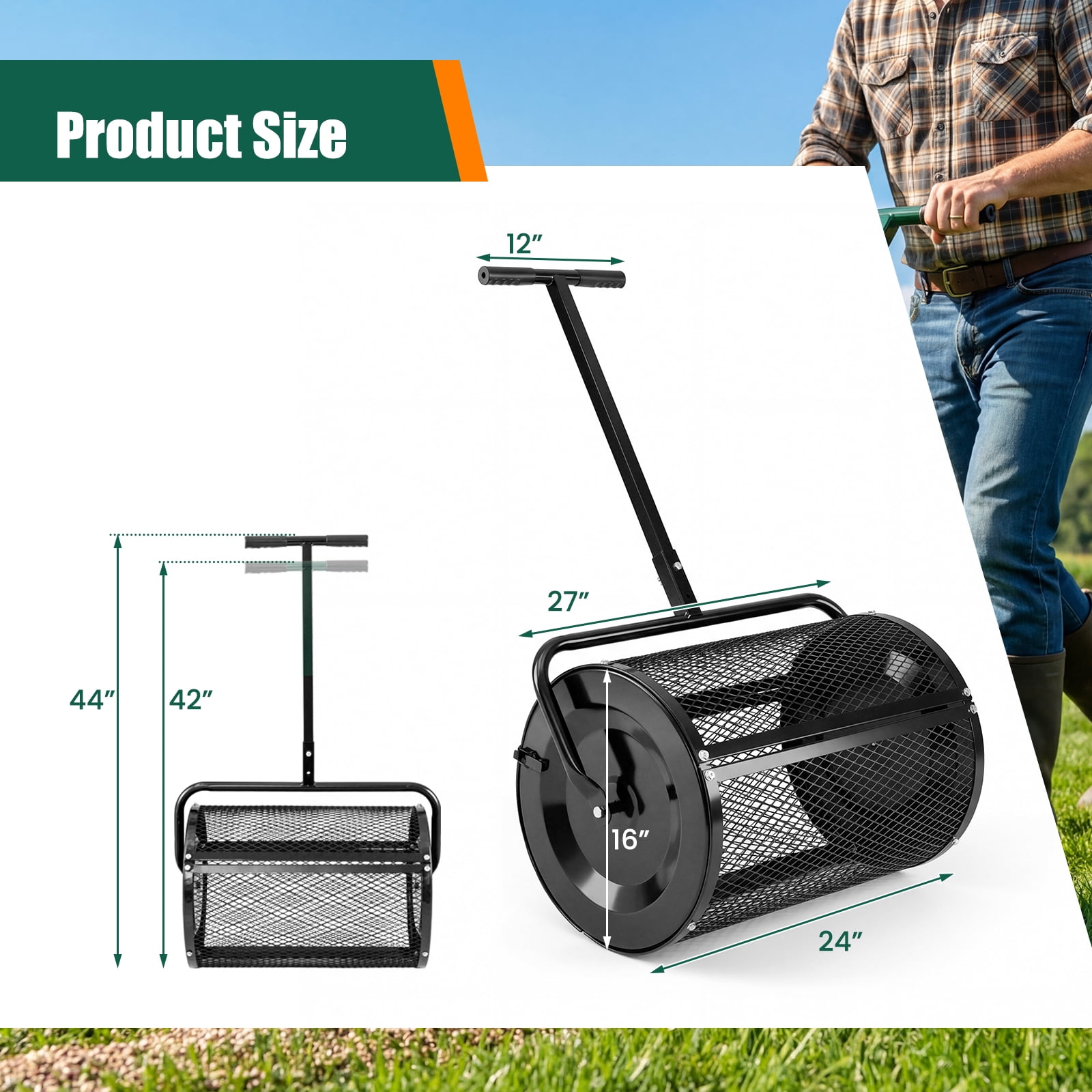 Gymax Compost SpreaderPeat Moss Spreader Roller w/Height-adjustable T-shape Handle Black