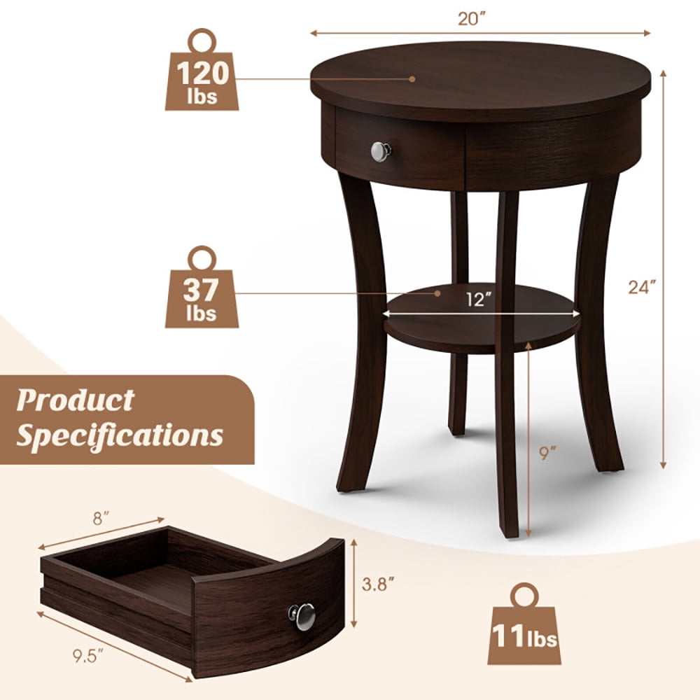 Finihen 2-Tier Wood Round End Table with Open Drawer, Sofa Side Table, Bed Side Table, for Living Room, Bedroom, Brown Finihen 2-Tier Wood Round End Table with Open Drawer, Sofa Side Table, Bed Side Table, for Living Room, Bedroom, Brown