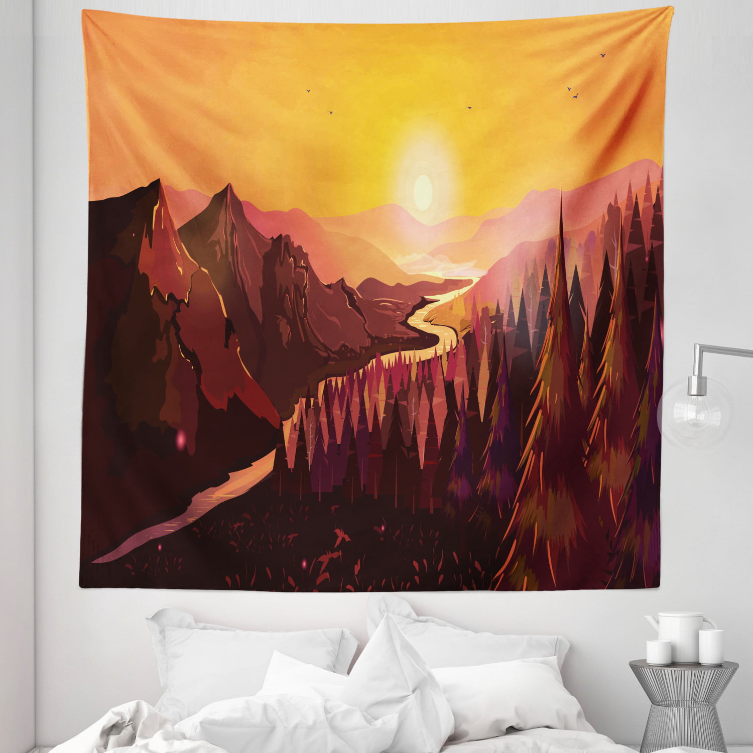 Hazy Sky Sun Tapestry Abstract Mountain Tapestry Pink Land Tapestry Wall Hanging River Tapestry For Bedroom Living Room Dorm Home Deco