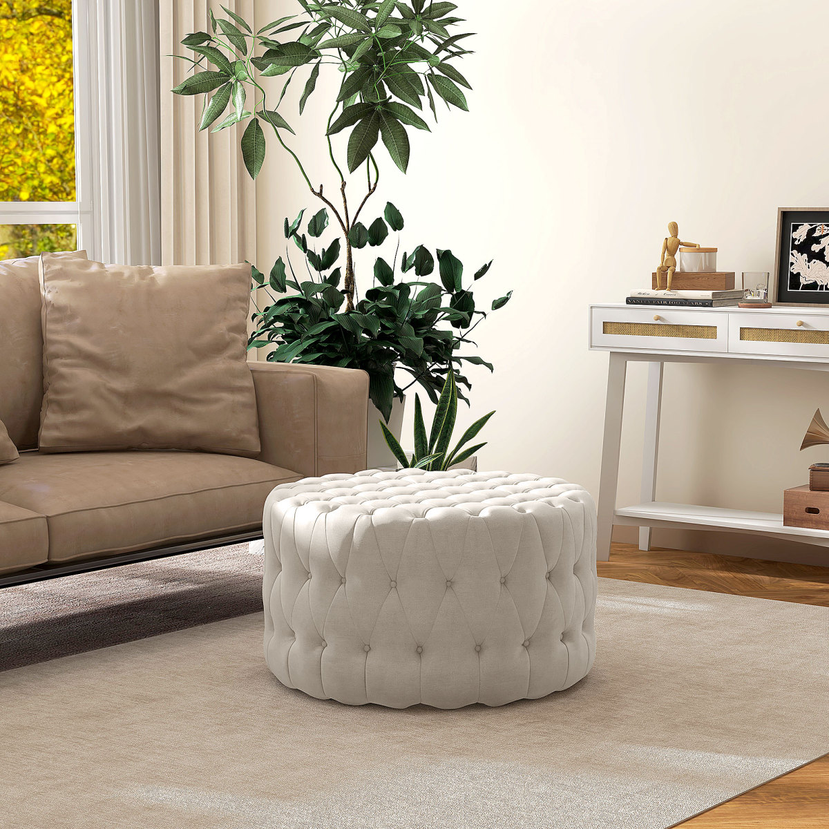 Miekor Furniture 31.5" Round Ottoman, Large Velvet-Feel Upholstered Foot Stool with Button Tufted Design and Padded Seat for Living Room, Entryway, Beige 9103