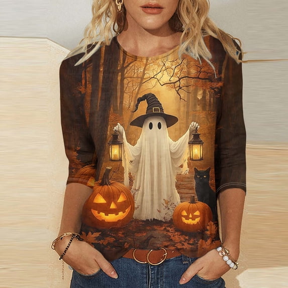 Edvintorg Plus Size Tops for Women Halloween Printed Crew Neck Casual Pullover Shirt Fall 3/4 Length Sleeve Blouse Womens Clothes S-5XL Multicolor