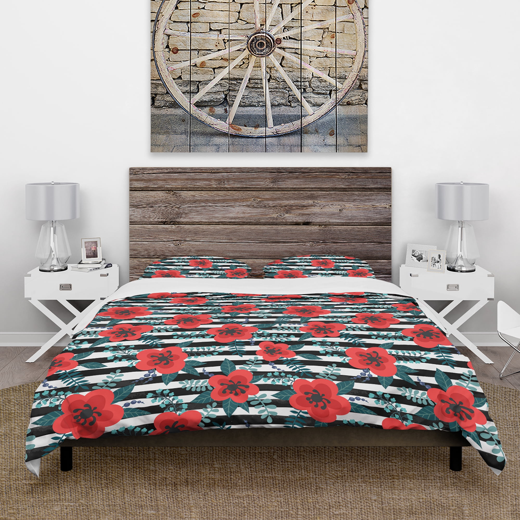Designart 'Red Flowers with Leaves, Branches and Berries' Floral Duvet Cover Set