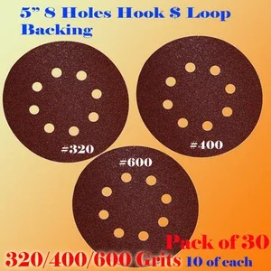 5" 8 Hole 320 400 600 Grit Sand Disc Random Orbit Sandpaper Hook & Loop Sander