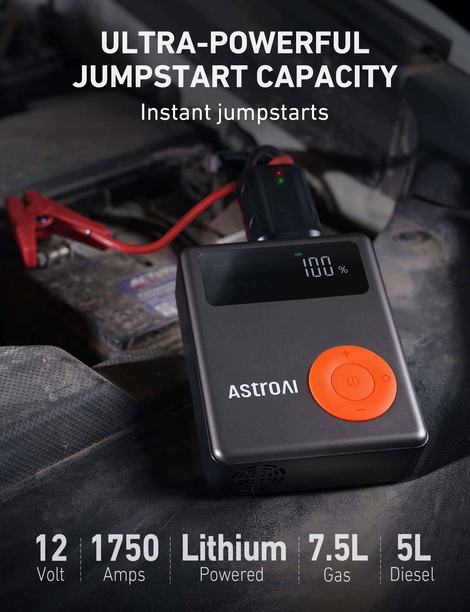 AstroAI Jump Starter with Air Compressor, 150PSI 1750A Peak 12V Battery Jump Box with Cordless Tire Inflator (7.5 Gas/5.0L Diesel), 12V Jump Box, Large LCD Display