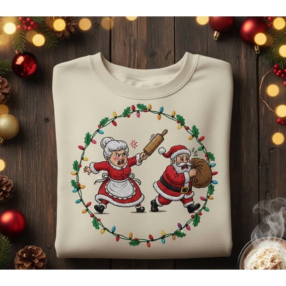 Funny Santa and Mrs. Claus Embroidered Sweatshirt – Christmas Humor Sweater, Holiday Gift, Cozy Vintage Embroidery Pullover