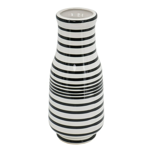 Striped Ceramic Vase - Hand Painted Black & White Decorative Accent - 7" Dia x 18" H