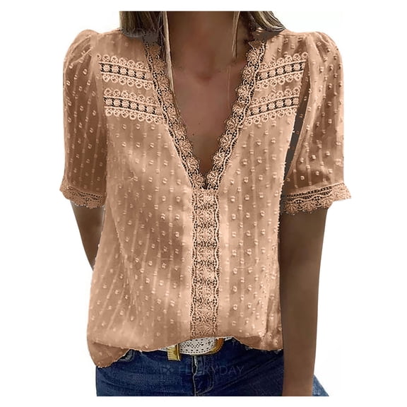Skpblutn Womens Summer Tops Short Sleeve Color Casual T Shirt Lace Solid V Neck Fashion Blouse Tops for Women Beige Xxl