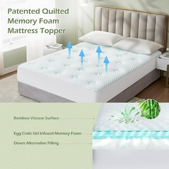 Queen Mattress Topper, Viscose Bamboo Memory Foam with Deep Pocket, Breathable for Back Pain Relief, White