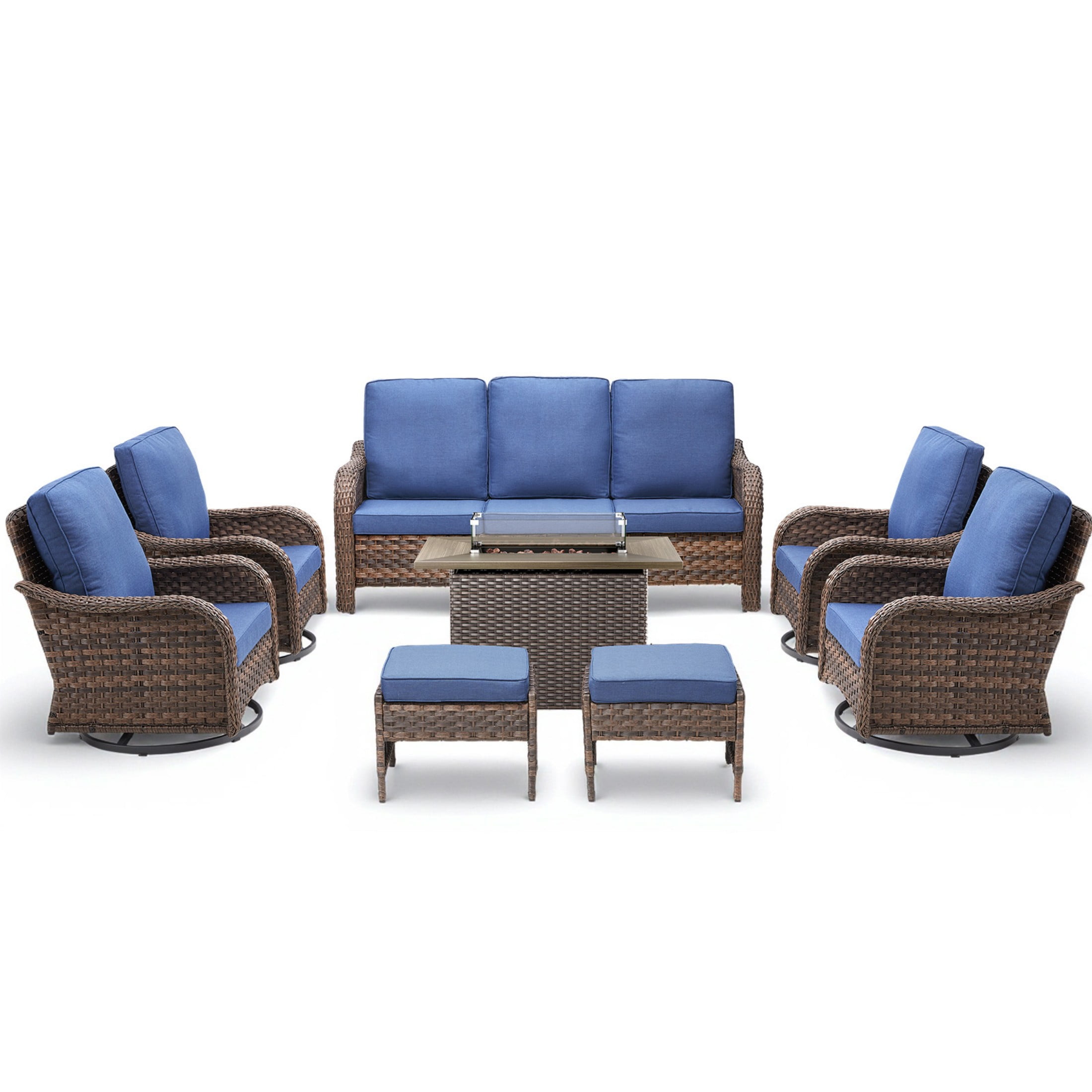 Unnifurnzi Patio Furniture Set with Fire Pit Table-8 Pieces All Weather Wicker Patio Furniture Outdoor Swivel Chairs with Outdoor Couch Outdoor Furniture for Porch Balcony Deck-Brown/Blue