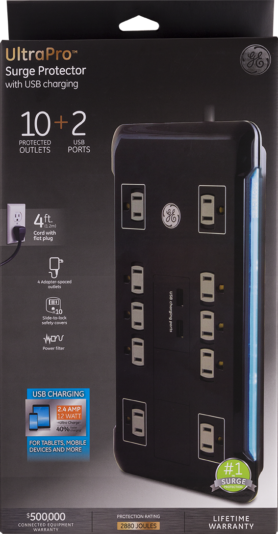 GE 10-Outlet 2-USB Power Strip Surge Protector, 4ft. Cord - 34462 - image 2 of 8