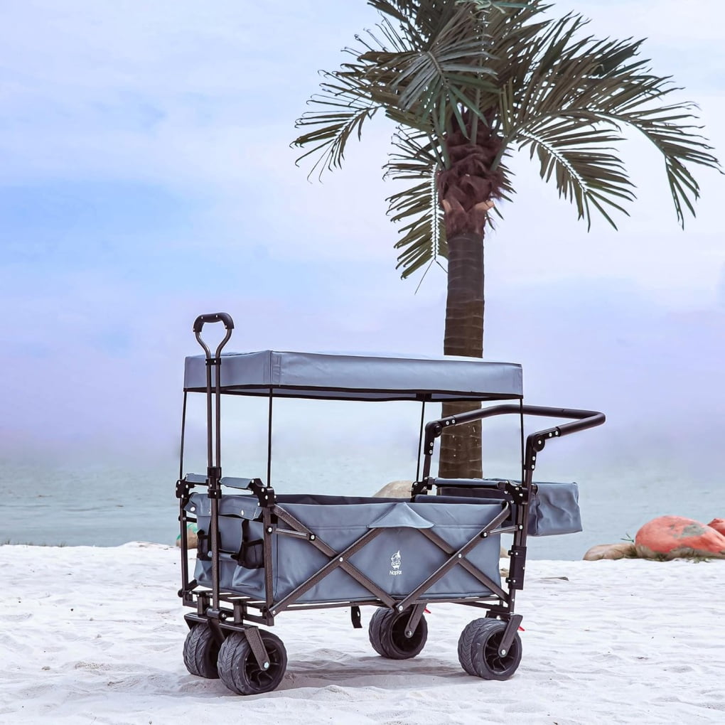 Collapsible Wagon Wagon Cart with Removable Canopy, Heavy Duty Foldable Beach Wagon with  All Terrain Wheels and Brake, Adjustable Push Pull Handle, 220LBS Cooler Bag Utility Carts for Outdoor, Gray