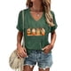 thumbnail image 1 of Fiudx Liquidación de Ahorros de Verano Top de Manga Corta con Cuello En V y Estampado de Calabaza de Acción de Gracias para Mujer, 1 of 3