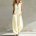 thumbnail image 7 of Womens Striped Tank Jumpsuits Button Down Wide Leg Sleeveless Romper Loose Travel Casual Jumper Yellow, M, 7 of 7