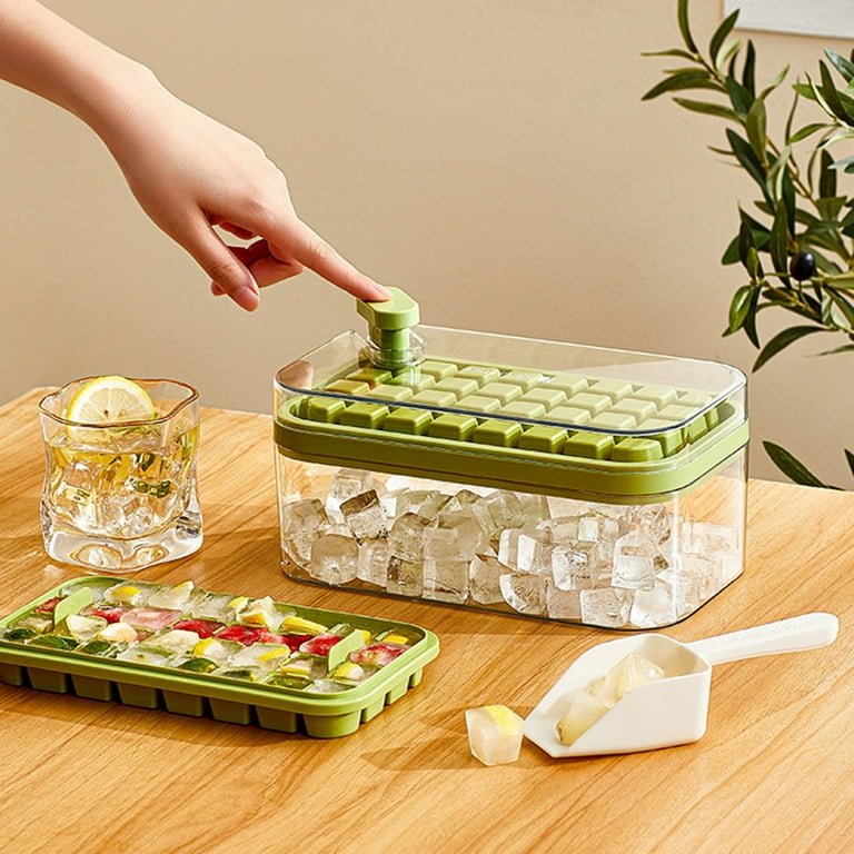 GROFRY 1 Set Ice Cube Tray Single/Double Layer Multiple Grids Press Button  Design Silicone Ice Mold Tray Storage Box with Shovel Kitchen Tool,Green
