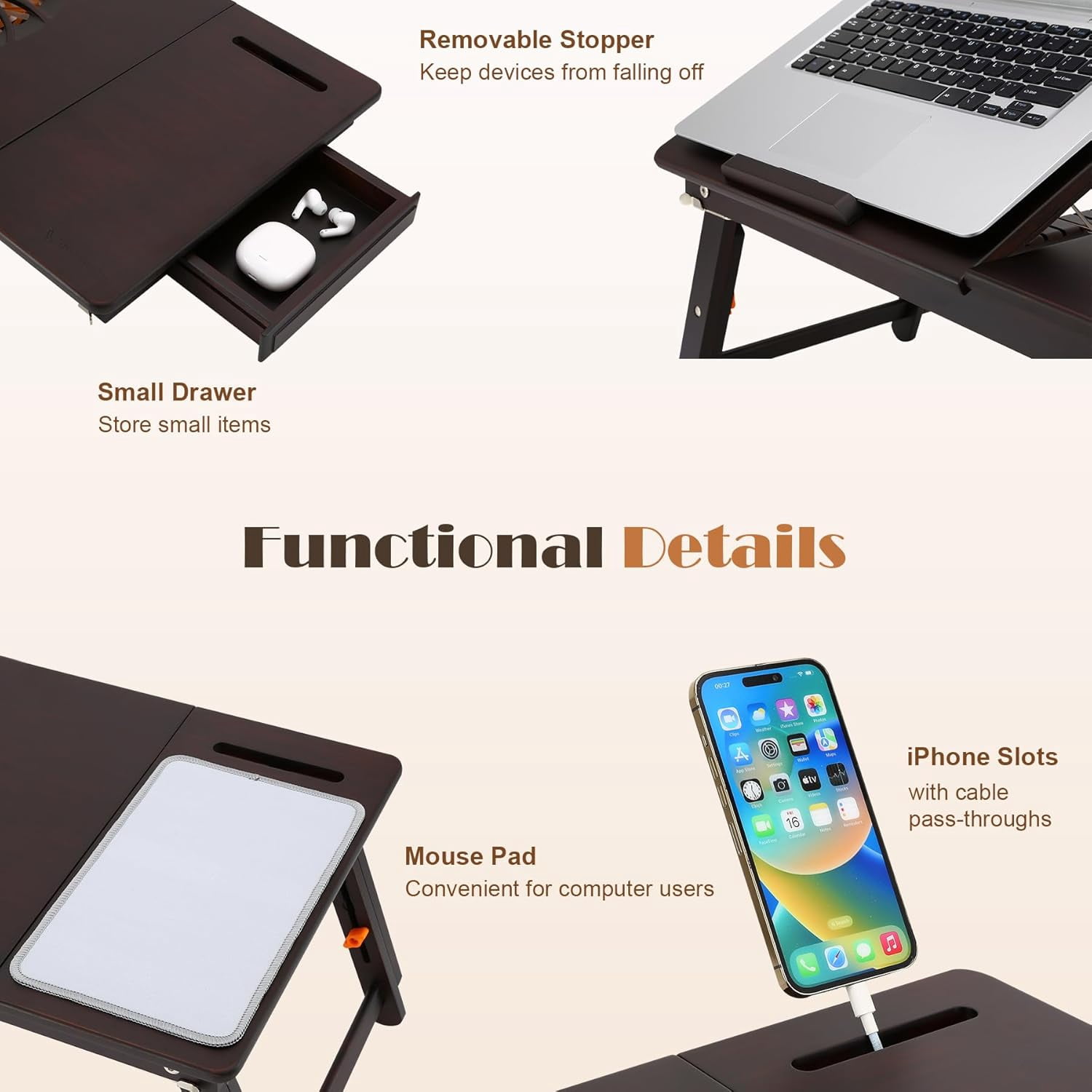 Bamboo Laptop Desk for Bed with Adjustable Fan, Drawer & Phone Slot - 7 Angles 4 Heights Foldable Lap Table