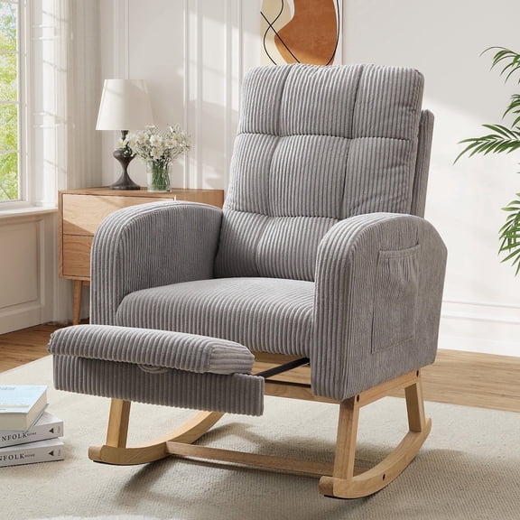 FFH Rocking Chair with Footrest, Rocking Chair for Nursey, Corduroy Armchair with High Backrest and Side Pockets, Accent Chair for Living Room, Bedroom, Gray