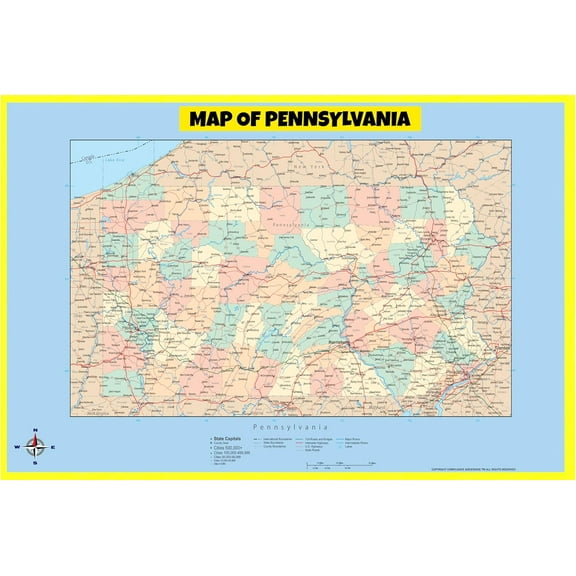 Pennsylvania Map Poster - Laminated Wall Map - Style C - 18x24 - Ideal for Classrooms and Homes – Features Bright Colors and Vivid Imagery