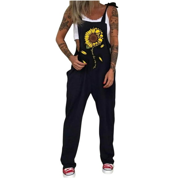 Aoochasliy Womens Pants Clothes Print Punk Jumpsuit Casual Loose Sunflower Printed Overalls Jumpsuit