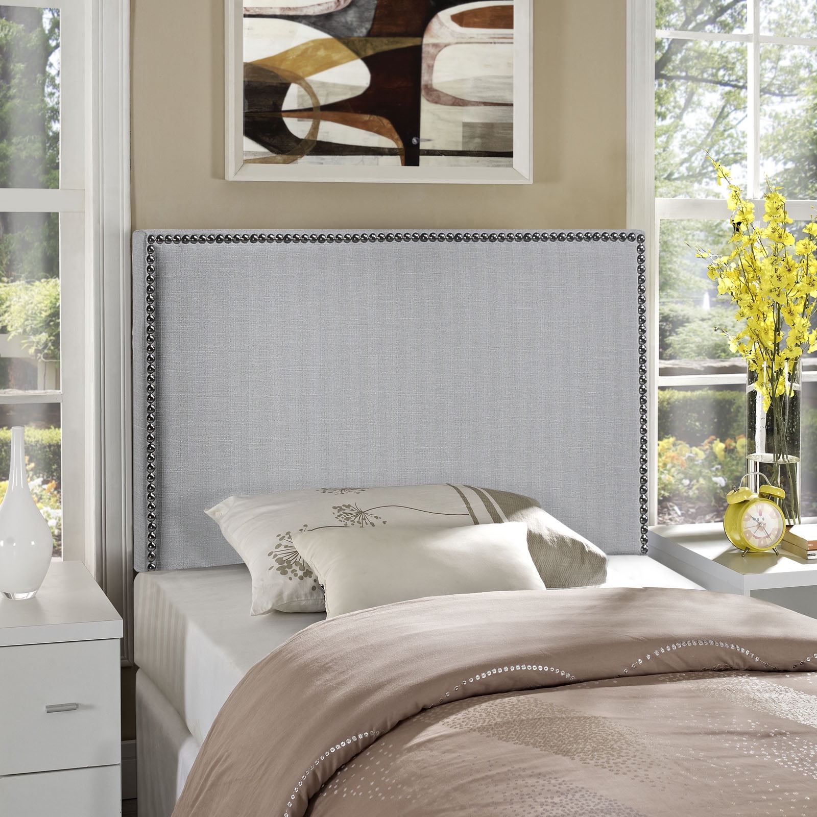 Modern Contemporary Twin Size Nailhead Upholstered Headboard, Grey Fabric