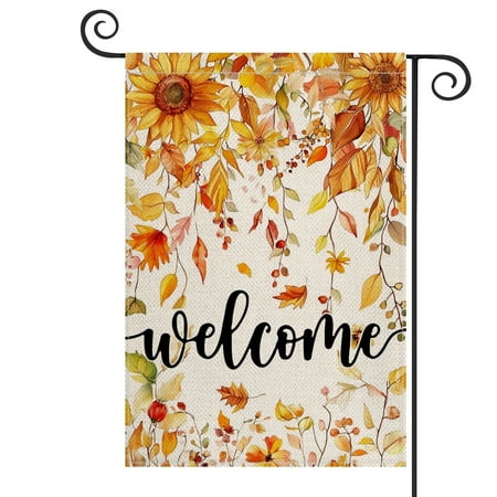 Sm:)e Welcome Sunflower Maple Leaves Flowers Fall Garden Flag 12x18 Inch Double Sided, Autumn Small Banner Yard Sign Outside Decoration