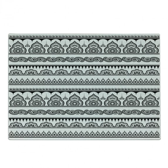 Ethnic Cutting Board, Eastern Tattoo Design with Various Ornamental and Geometric Shapes Monochrome Style, Decorative Tempered Glass Cutting and Serving Board, Small Size, White Black, by Ambesonne