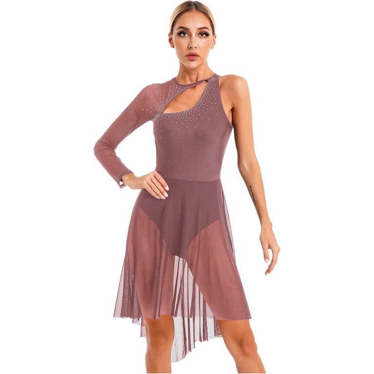 Miutii Women Lyrical Modern Ballet Dress One Shoulder Sheer Mesh Long  Sleeve Leotard Figure Skating Reddish Brown L - Walmart.com