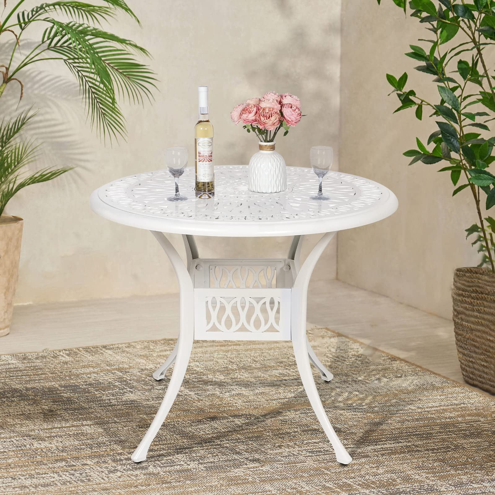 VIVIJASON 35.2" Outdoor Patio Dining Round Table White Cast Aluminum Rustic Large Patio Table with Umbrella Hole