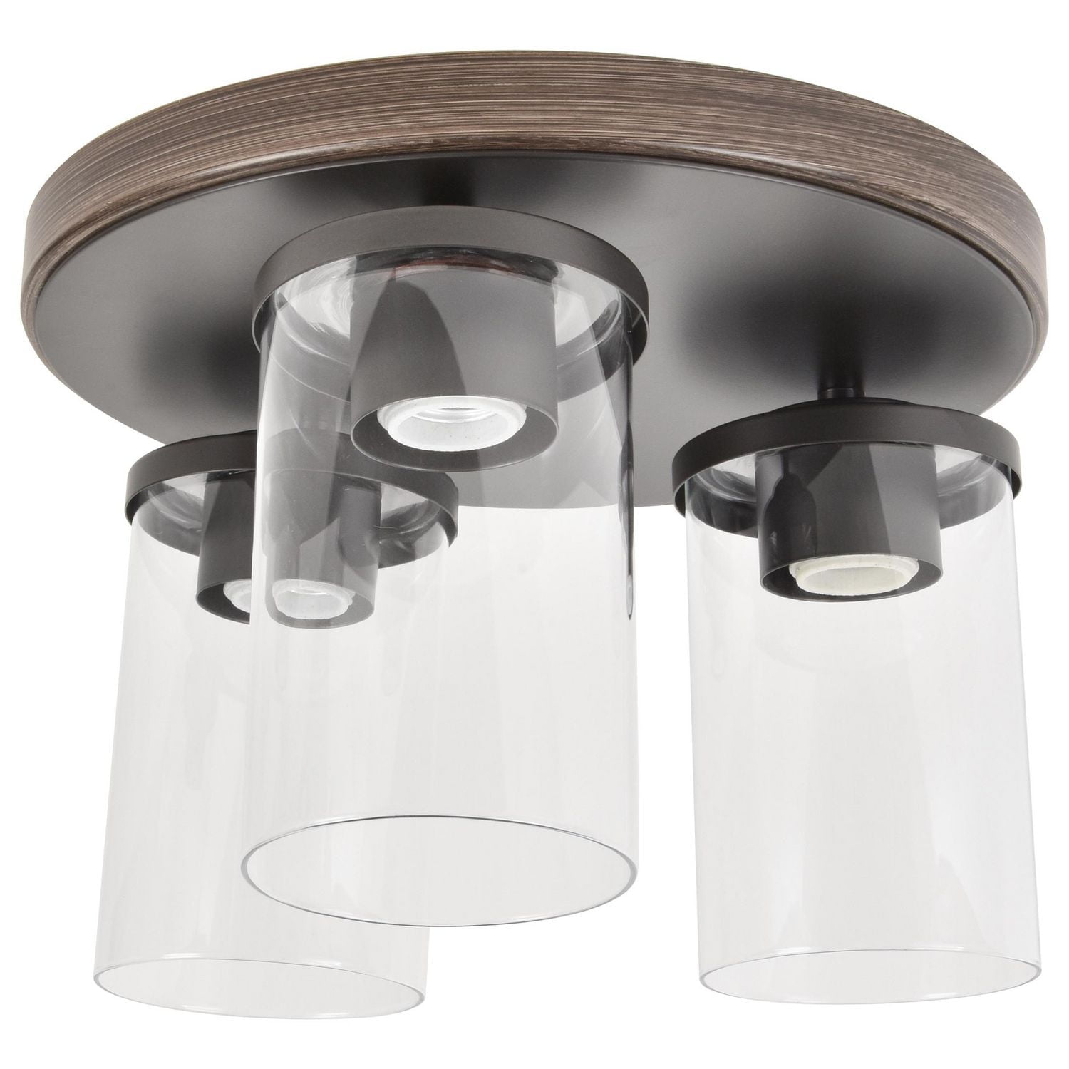 Better Homes & Gardens 12" Farmhouse 3-Light Walnut Flush Mount Ceiling Light, Clear Glass Shades, 12" Farmhouse 3-Light Walnut Flush Mount Ceiling