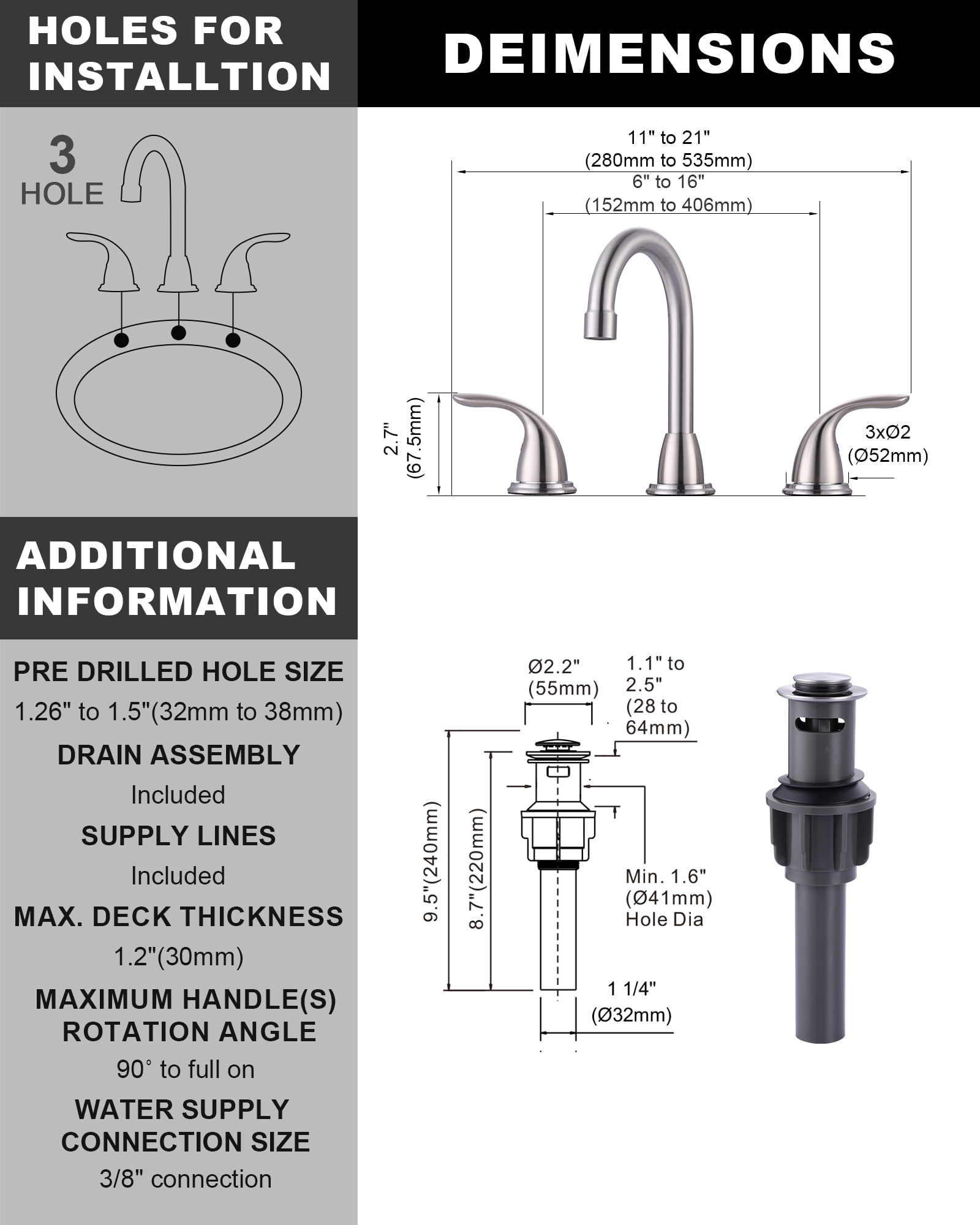 Wowow 3 Hole Widespread Bathroom Sink Faucet in Brushed Nickel,Fit for 6 inch and 8 inch Sink with Pop UP Drain
