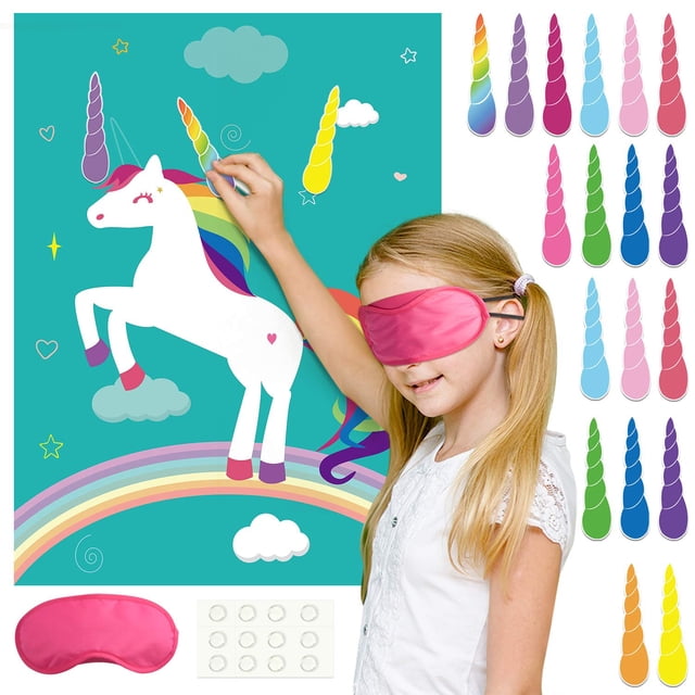 Juego de fiesta FELITO Pin the Horn on Unicorn para niños con póster