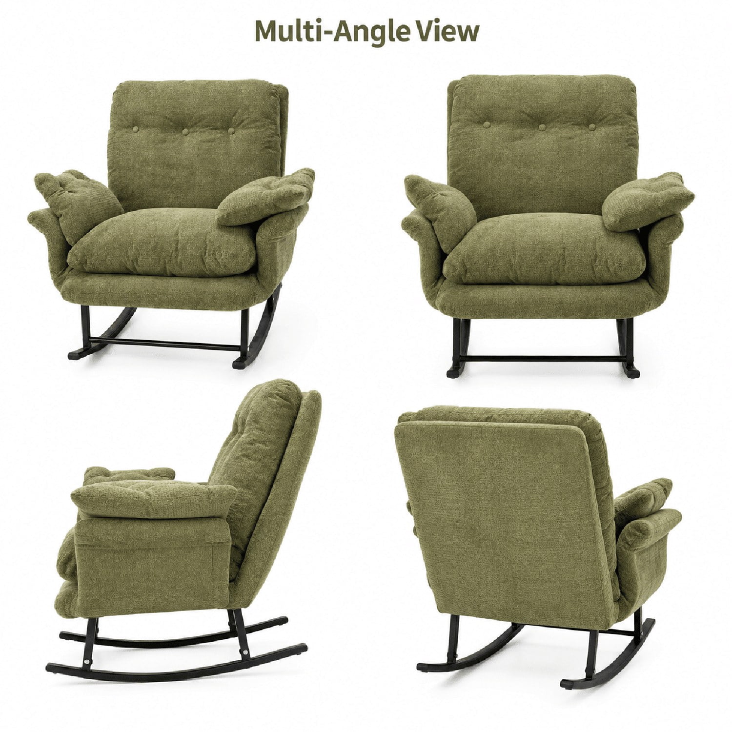 Papasan Rocking Chair with Thickened Cushion, Solid Wood Curved Rocking Base, Soft Corduroy Upholstery, Padded Armrests, Reading Lounge for Living Room, Bedroom, Nursery, Porch