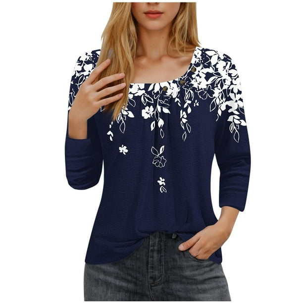 Blusas para las Mujeres Casual, 3/4 Manga Floral Estampado Camiseta de Moda Top Hecho de Poliéster Transpirable Suave para el Uso Diario de Primavera Otoño, Tops de Blusa para las Mujeres