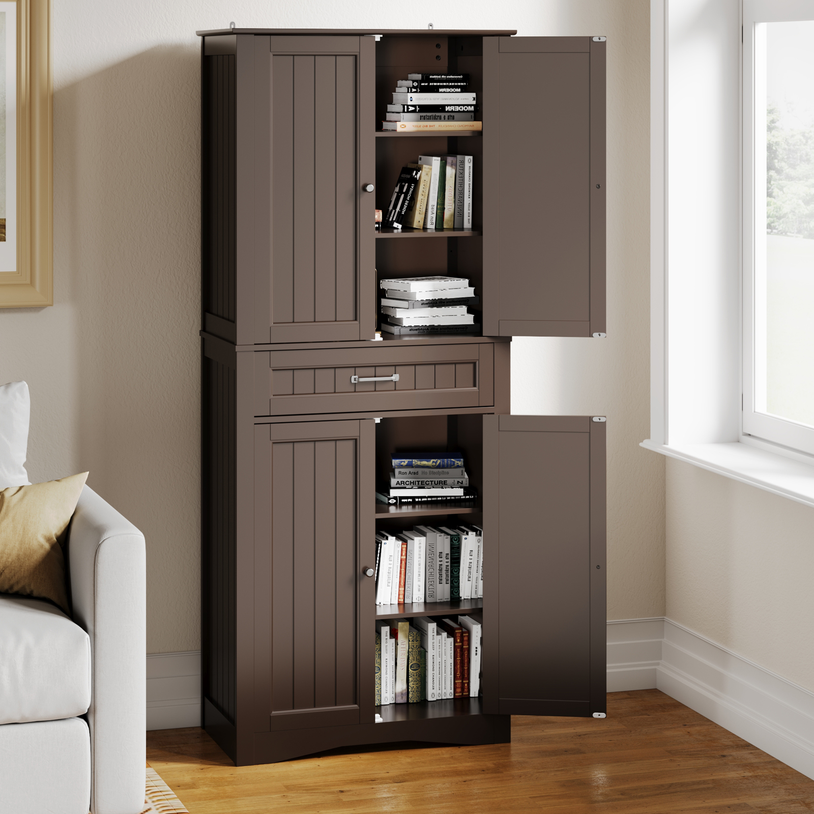 Aiho 71"H Kitchen Storage Cabinet – with Doors, Shelves & Drawer, Large Freestanding Storage for Kitchen, Craft Room Dark Brown