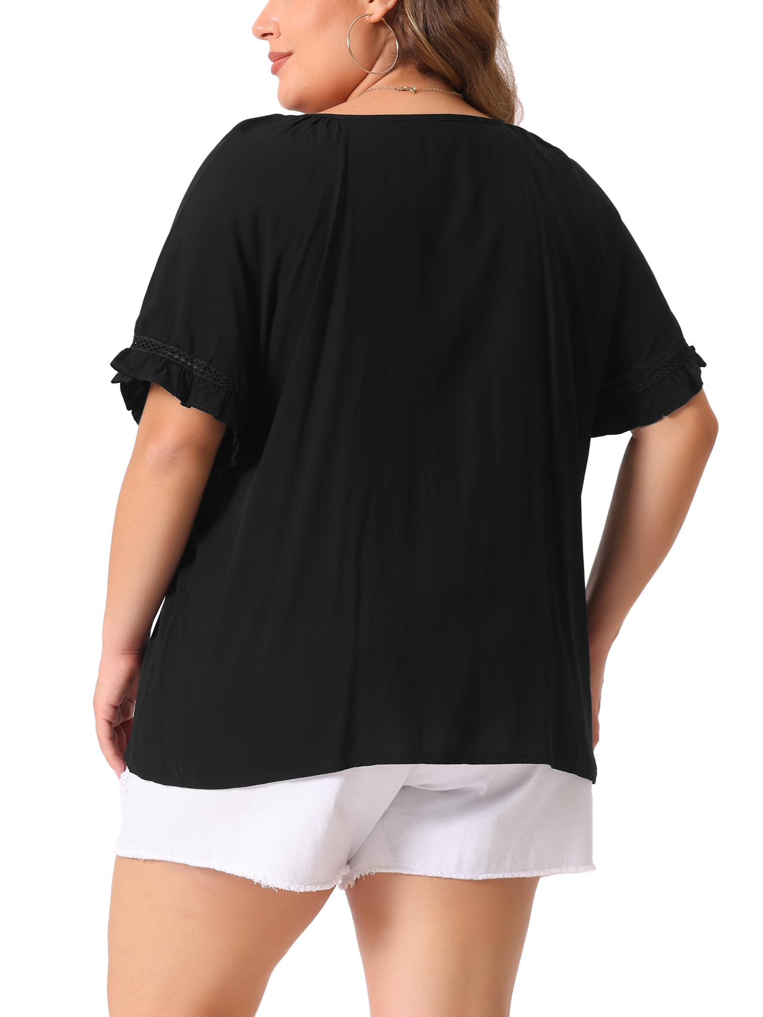 DARING DIVA Women's Plus Tie Neck Ruffle Short Sleeves Blouse 1X Black