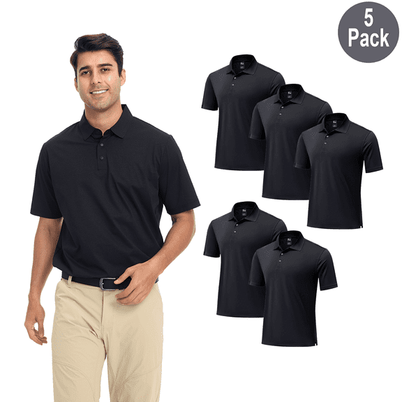 Zfeel Men's Pure Dry Fit Polo Shirt, High Performance, Short Sleeve, Polyester, Black, 5 Pack, S