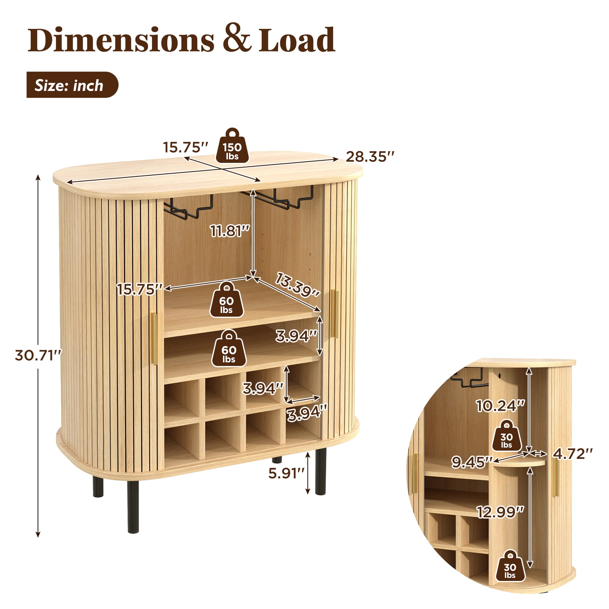 Mintazer 28" Modern Wine Bar Cabinet with Fluted Doors & Drawer, Storage Cabinet with 6 Wine Racks and 3 Glass Holders for Kitchen Living Room, Natural