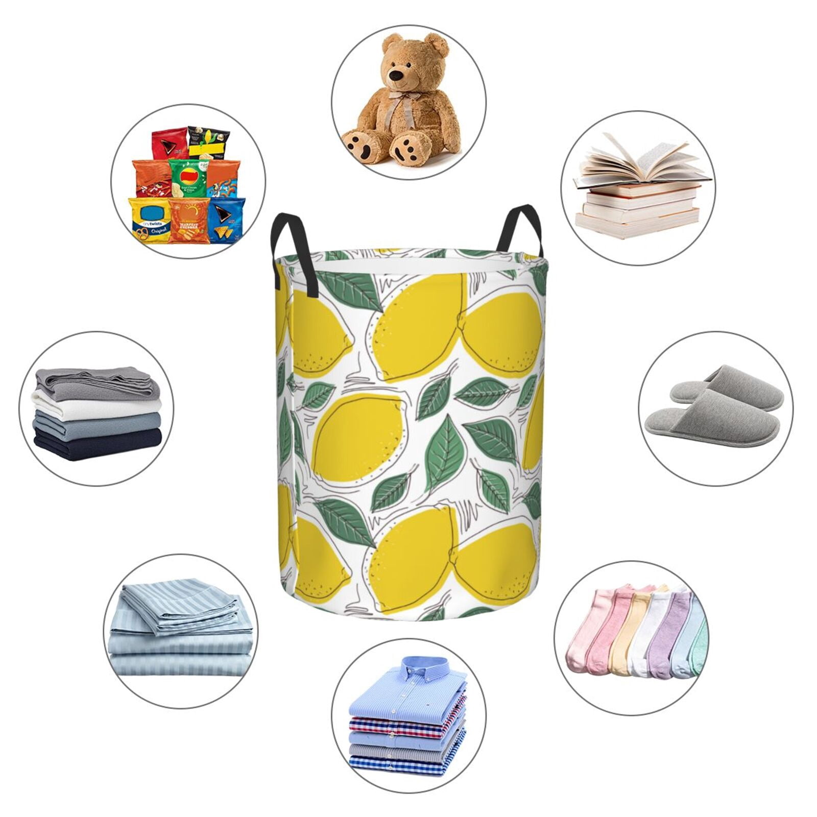 Large Laundry Basket with Handles - Cute Gold Lemon Leaves Kids Baby Dirty Clothes Laundry Hamper for Bedroom Aesthetic