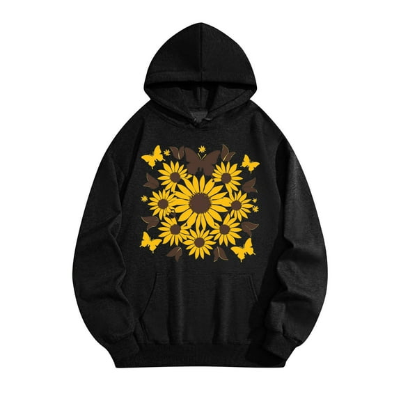 Women's Graphic Hoodies Sunflower Print Hoodie Unisex Oversized Sweatshirts Long Sleeve Pocket Pullover Tops XL