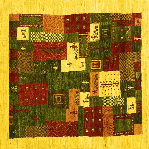 Ahgly Company Machine Washable Indoor Square Abstract Yellow Contemporary Area Rugs, 4' Square