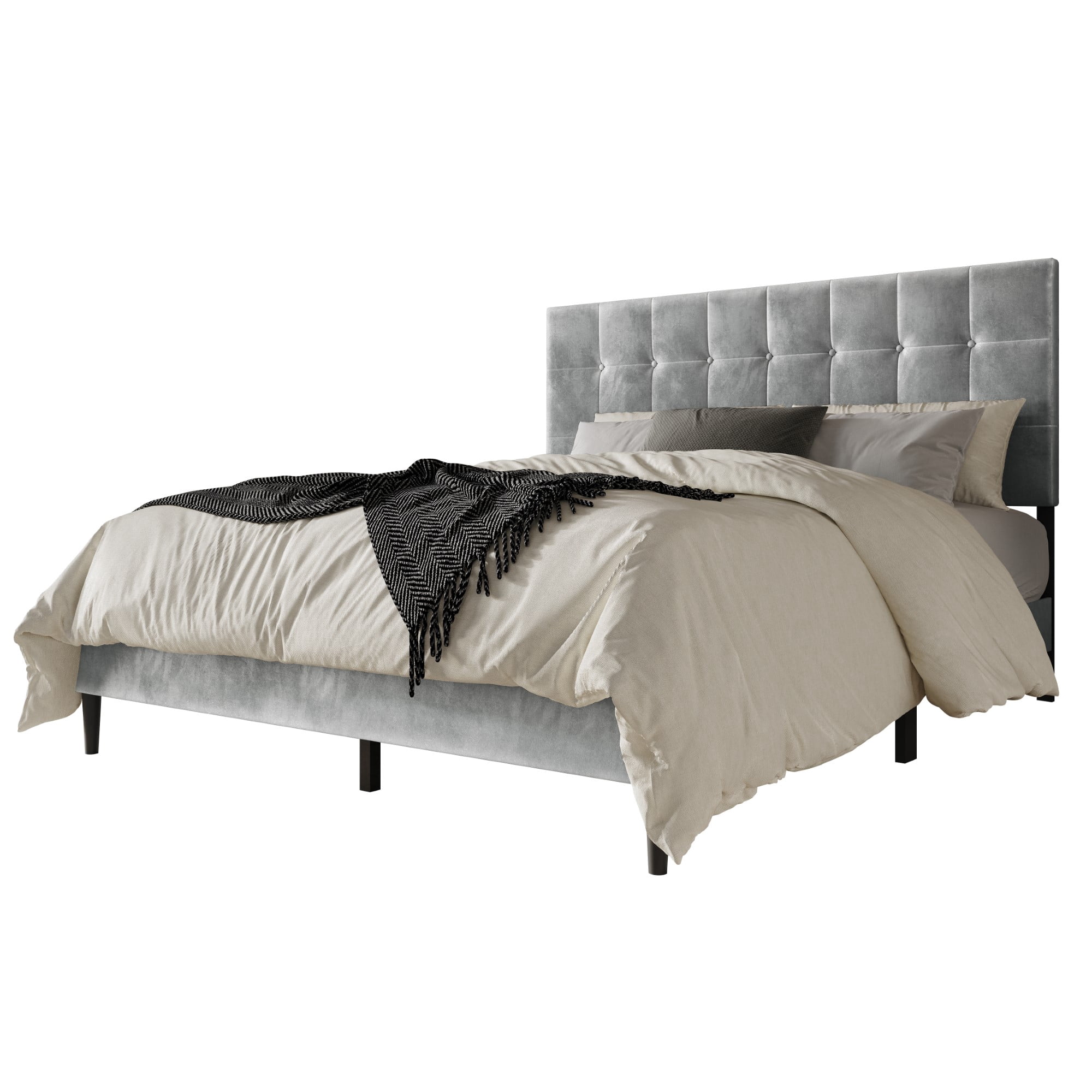 Home Design Marion King Tufted Upholstered Platform Bed Frame with Tufted Headboard and Plush Padding, Silver Gray, Easy Assembly